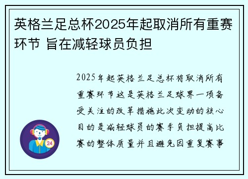 英格兰足总杯2025年起取消所有重赛环节 旨在减轻球员负担
